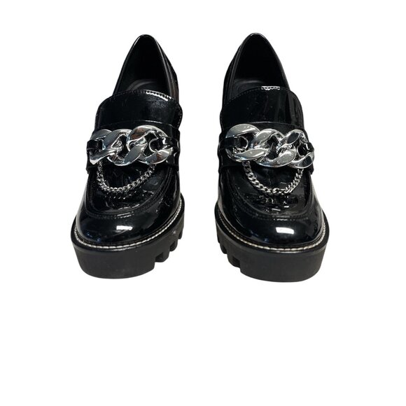 Black Patent Leather Platform Loafers With Chunky Chain Detail & Block Heels By - Picture 1 of 9